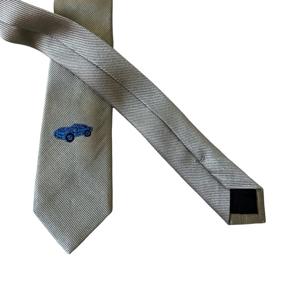 Crewcuts Boys Tie Necktie 42” Sz 2-7 Gray Blue Car Embroidered 100% Silk Kids